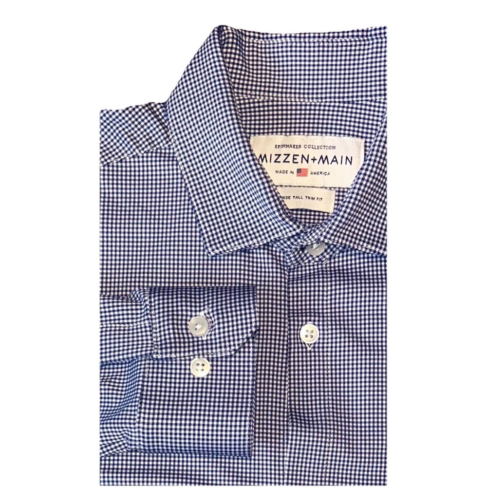 Mizzen+Main Spinnaker Shirt Sz L Tall Trim Button Up Gingham Blue Performance